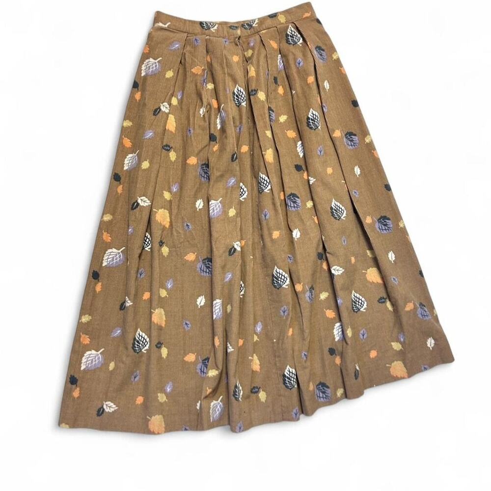 Vintage 70s USA Hand Made Pleated Midi Skirt Fall Autumn Leaf Cotton Corduroy 26